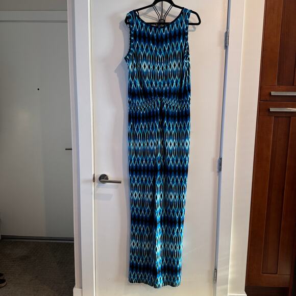 Calvin Klein Scoop Neck Printed Jumpsuit Black Blue White Sleeveless Sz 14 - Picture 6 of 7